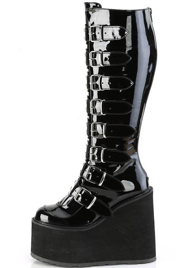 PREORDER - SWING-815WC Wide Calf Platform Boots in Black Patina Design