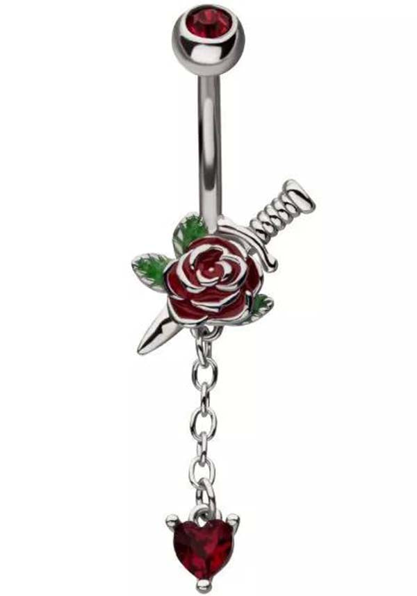 Rose and Dagger Inspired 14g Navel Bar Body Jewelry with Heart - Shaped Gem Dangle and 5mm Ball