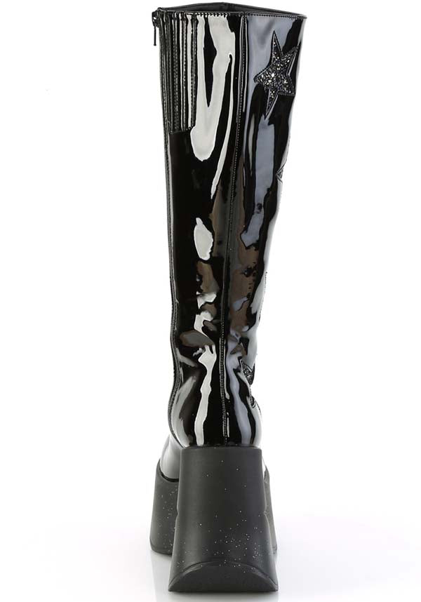 DYNAMITE-218 Patent Black Glitter Platform Boots - Preorder