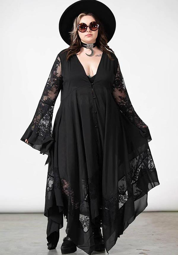 Elegant Misty Night Maxi Dress with Lace Detailing