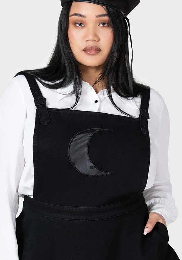Luna Orb Soft Denim Pinafore Dress with Mesh Moon Design