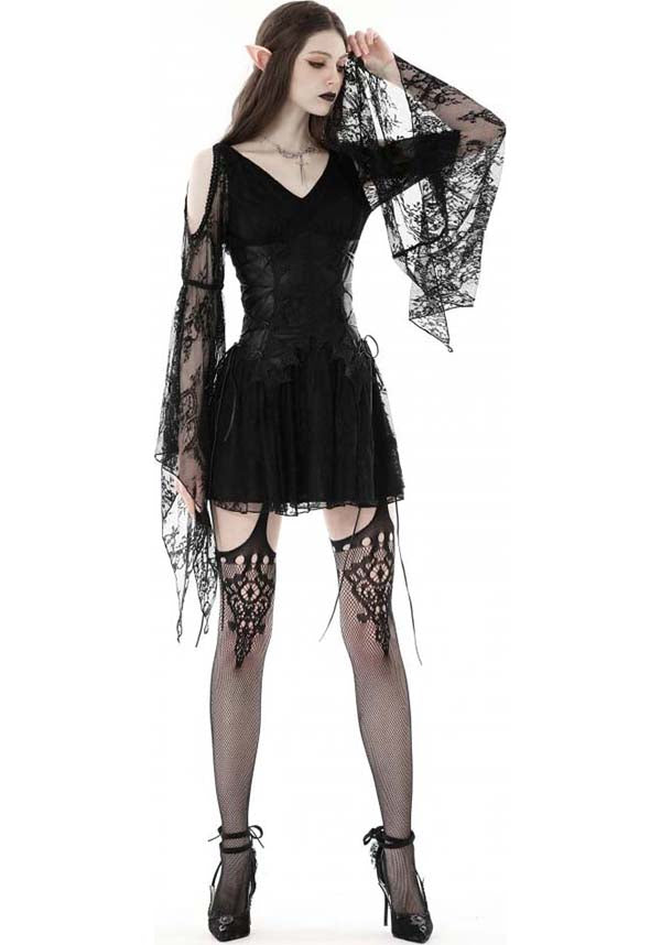 Exquisite Azrael Sheer Lace Dress with Bell Sleeves and Cold Shoulder Design