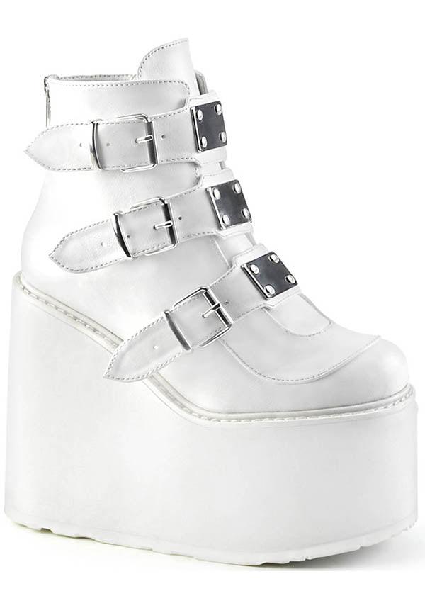 PREORDER - White SWING-105 Vegan Platform Ankle Boots by DEMONIA