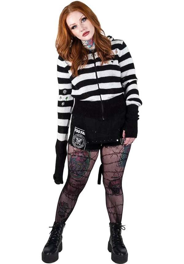 Adorable Pink Skull Striped Zip-Up Hooded Cardigan Sweater for Fall