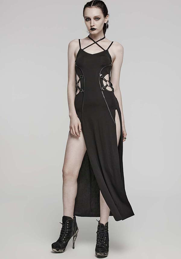 Punk Rave High Cut Maxi Dress: Comfortable, Versatile & Edgy Style