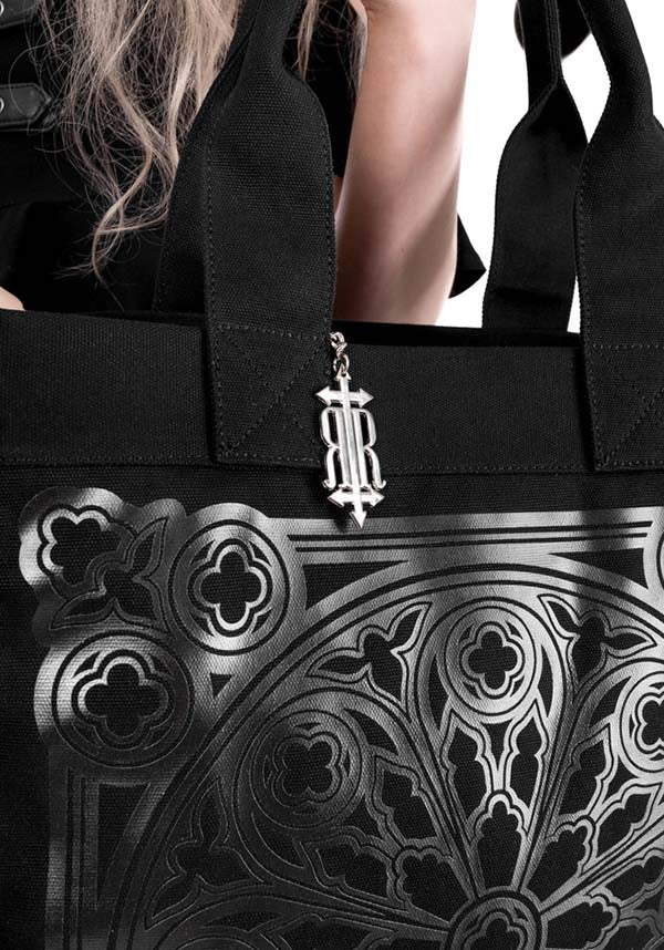 Gothic-Inspired Heavy Cotton Canvas Rosarium Tote Bag with Rose Window Print