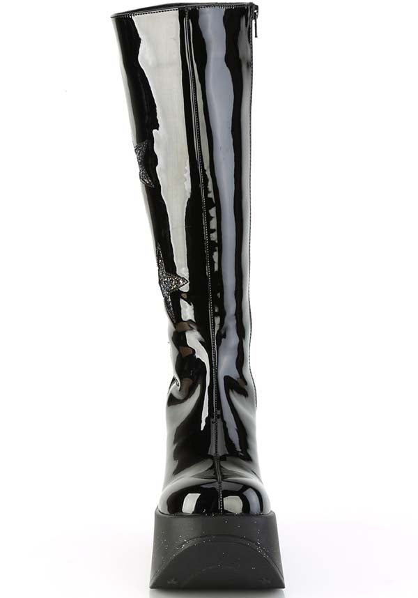 DYNAMITE-218 Patent Black Glitter Platform Boots - Preorder