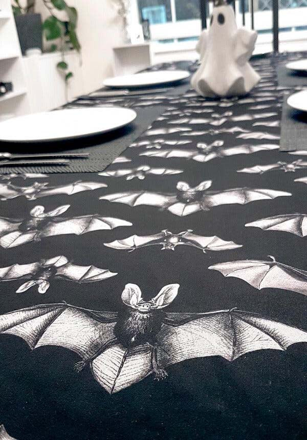 Midnight Flight Charcoal Black Polyester Table Cloth with Grey Realistic Bats