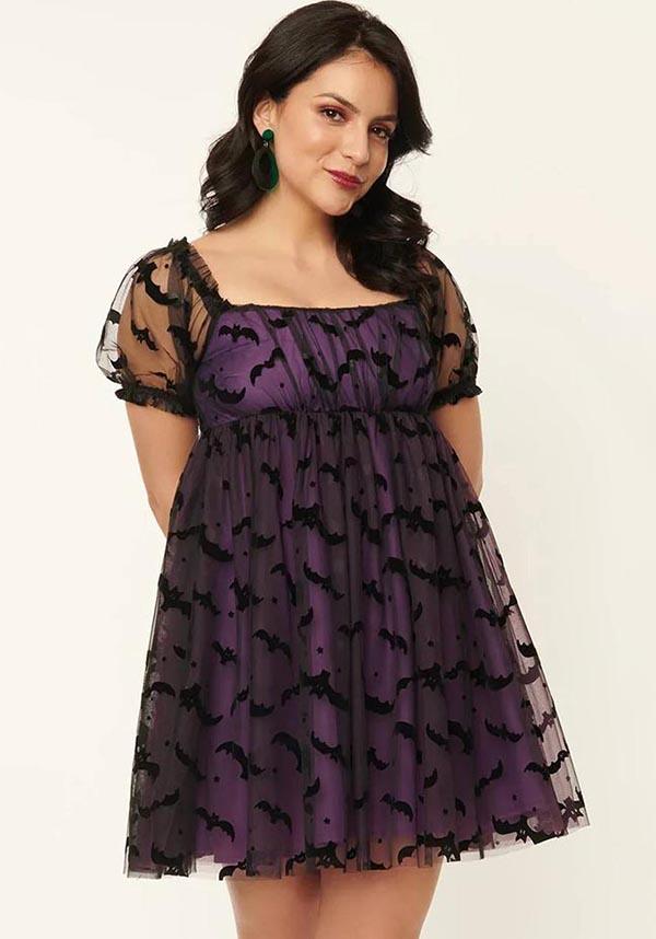 Unique Vintage Purple Bat Mesh Patterned Chiffon Babydoll Dress for Women