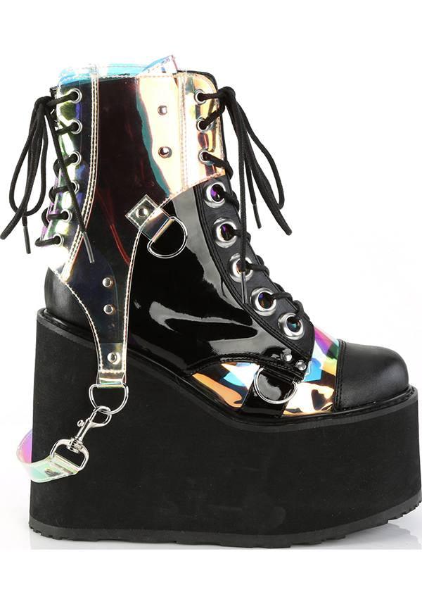 Demonia Pre - Ordered Black and Clear Hologram Swing - 115 Platform Lace - Up Boots