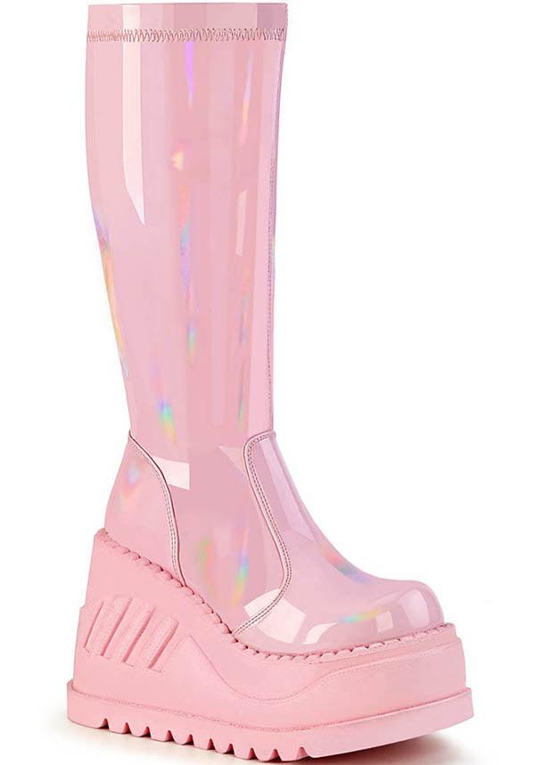 Preorder Baby Pink Holographic Stretch Patent Knee High Platform Boots - STOMP - 200
