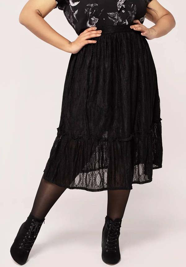 Hell Bunny Rhea Midi Lace Skirt with Black Stripes for Vintage and Gothic Styles