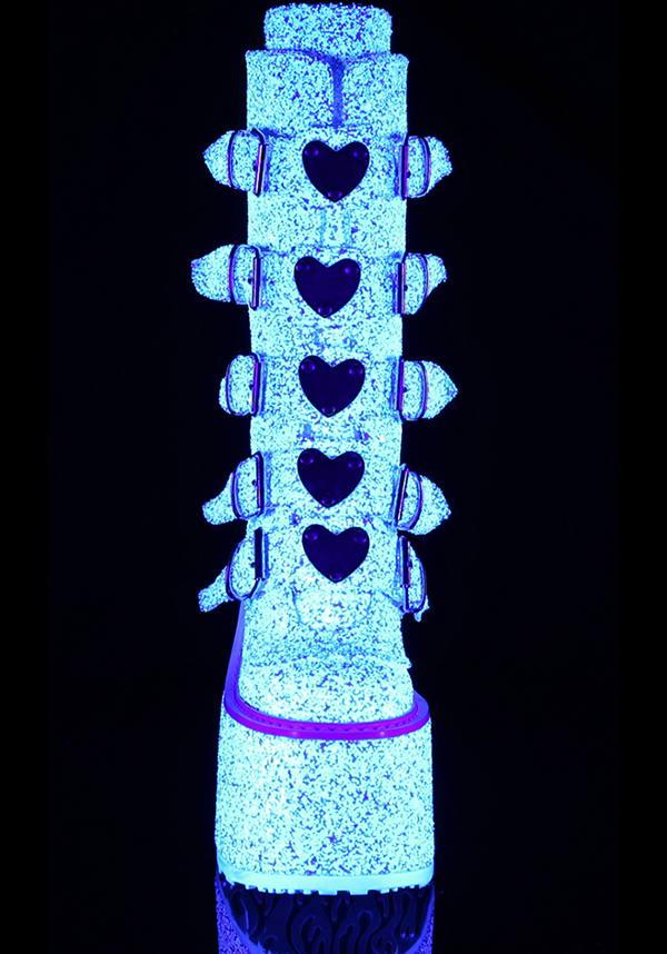 PREORDER DEMONIA SWING-230G White Multi Glitter Platform Mid-Calf Boots for Alternative Fashion