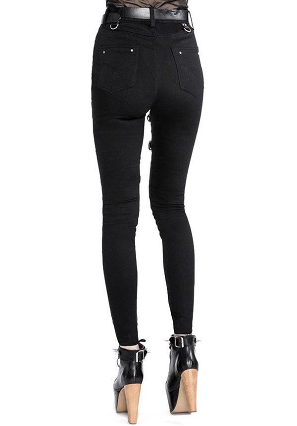 Black Gothic-Style Leather-Look Harness-Adorned High-Waisted Slim Fit Jeans