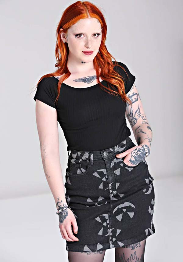 Hell Bunny's Black Jack-O-Lantern Denim Mini Skirt for Halloween