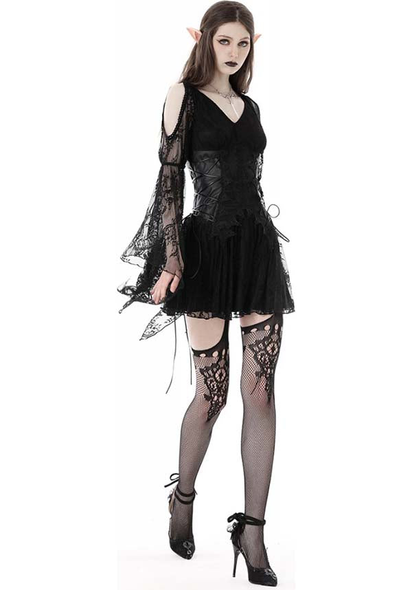 Exquisite Azrael Sheer Lace Dress with Bell Sleeves and Cold Shoulder Design