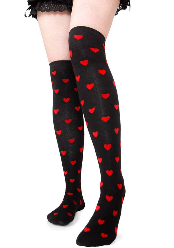 Adorable Red Valentine's Over Knee Socks with Hearts