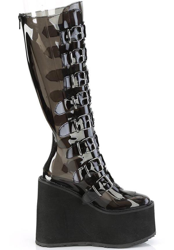 PREORDER - Demonia Swing-815C Platform Boots in Smoke TPU Color for Alternative Footwear Lovers