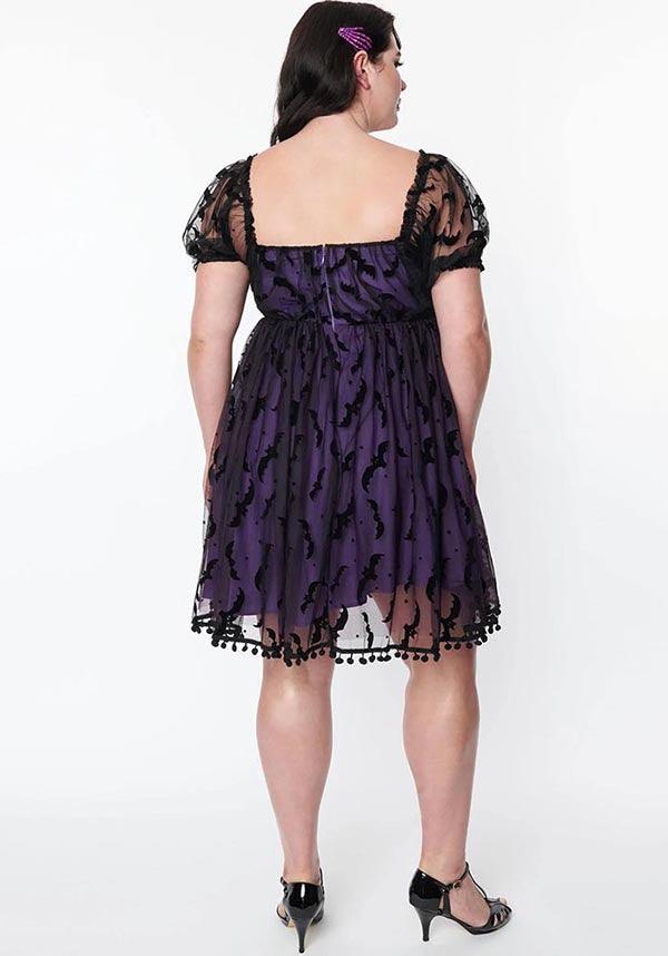 Unique Vintage Purple Bat Mesh Patterned Chiffon Babydoll Dress for Women