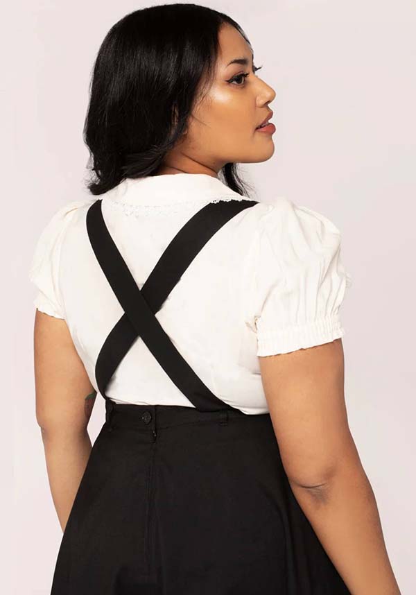 Hell Bunny Basil Black Mini Pinafore Dress with Whimsical Woodland and Fox Embroidery
