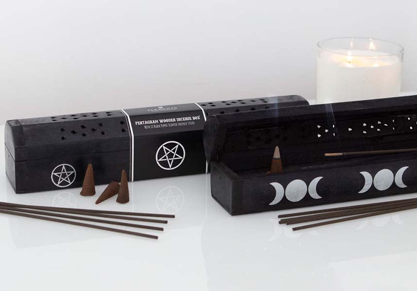 Pentagram-printed Mango Wood Incense Box Set with Black Pepper Fragranced Incense Sticks