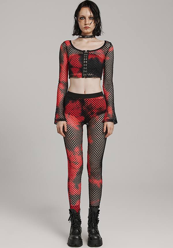 Punk Rave Badriyah Black/Red Tie-Dyed Fishnet Long Sleeve Crop Top