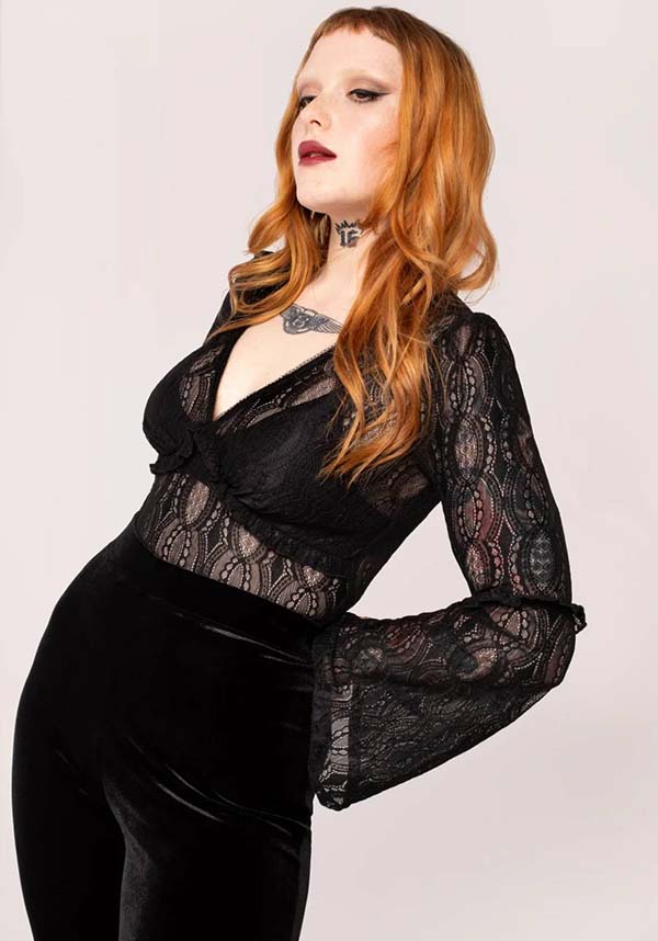 Hell Bunny Gothic Striped Black Lace Women's Top - Rhea Style
