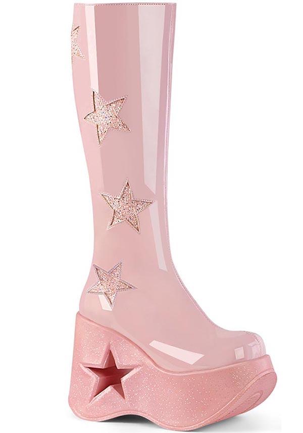 DYNAMITE-218 Baby Pink Patch Platform Wedge Knee High Boots - Preorder