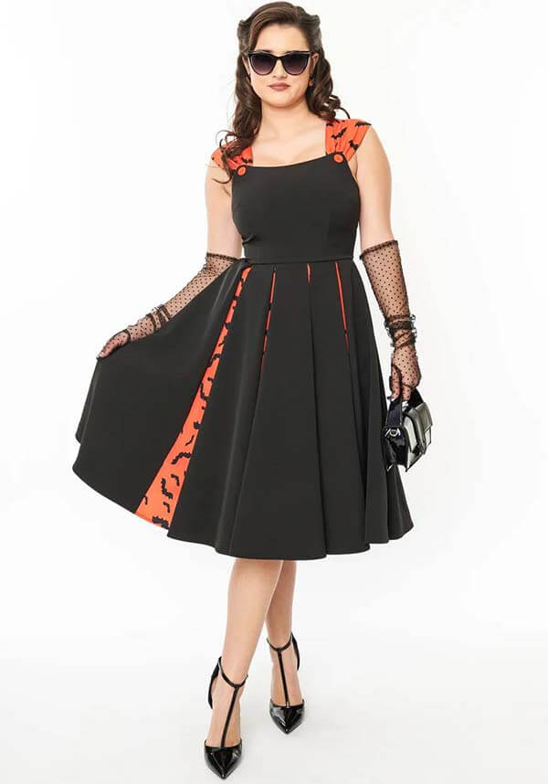 Orange and Black Bat Stripe Lightweight Swing Dress for a Spooky Look