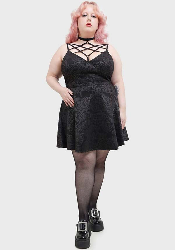 Magical Black Lily Printed Skater Style Mini Dress for Fashion Enthusiasts