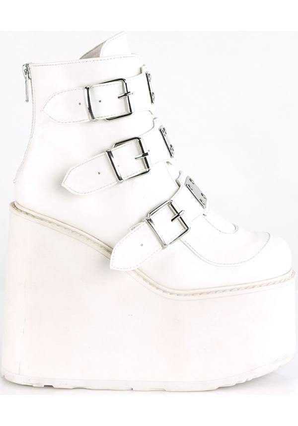 PREORDER - White SWING-105 Vegan Platform Ankle Boots by DEMONIA