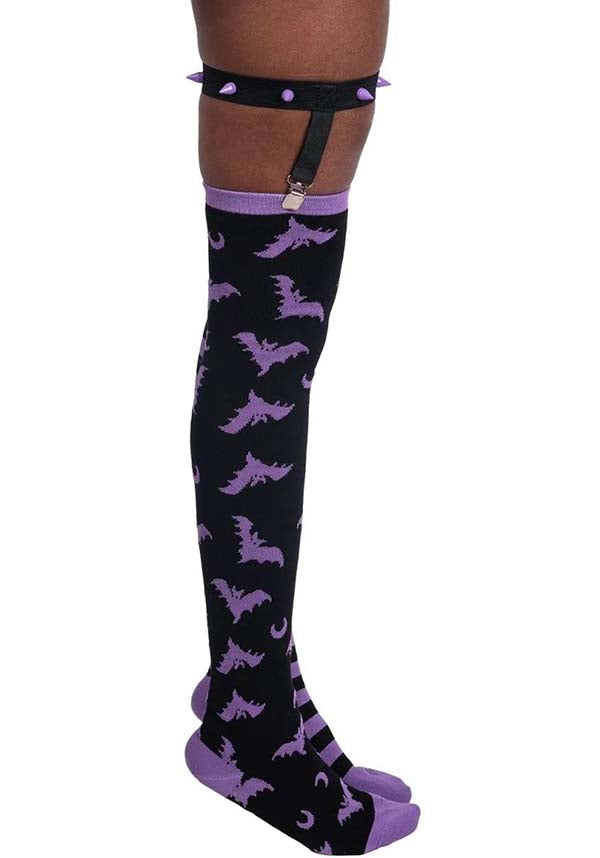 Purple Stripes and Purple Bats Design Thigh High Fashion Garter Socks