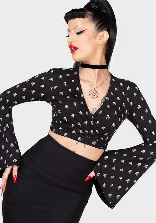Betty's Bash Wrap Style Cropped Skull Print Stretch Top