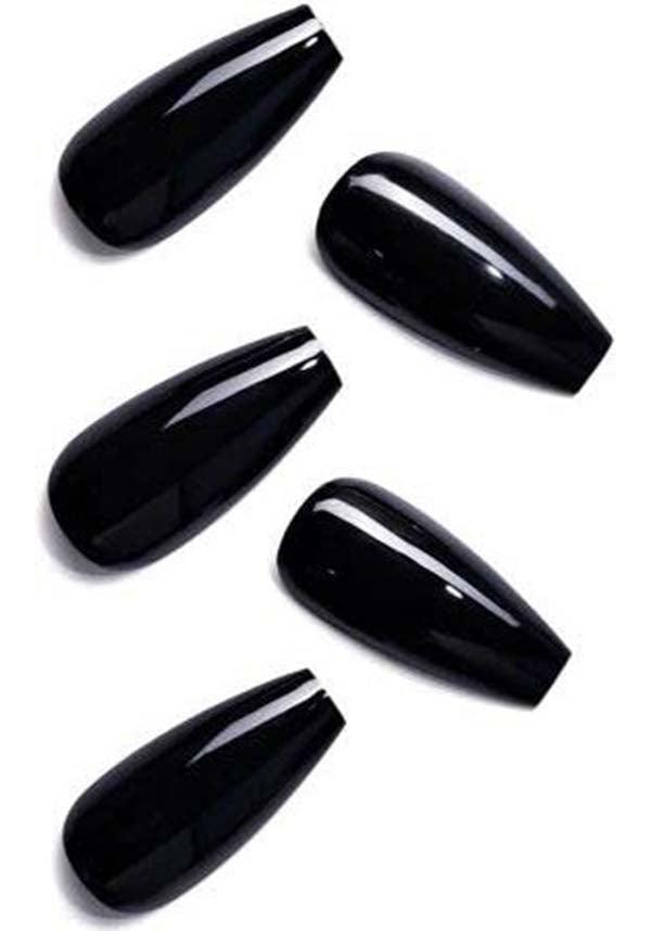 Glamorous Glossy Black Press - On Coffin - Shaped Nails for a Dark and Deadly Manicure