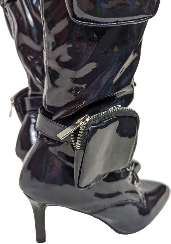 San Jose Black Holo Patent Leather Lace - Up Mid - Heel Boots with Pocket Details