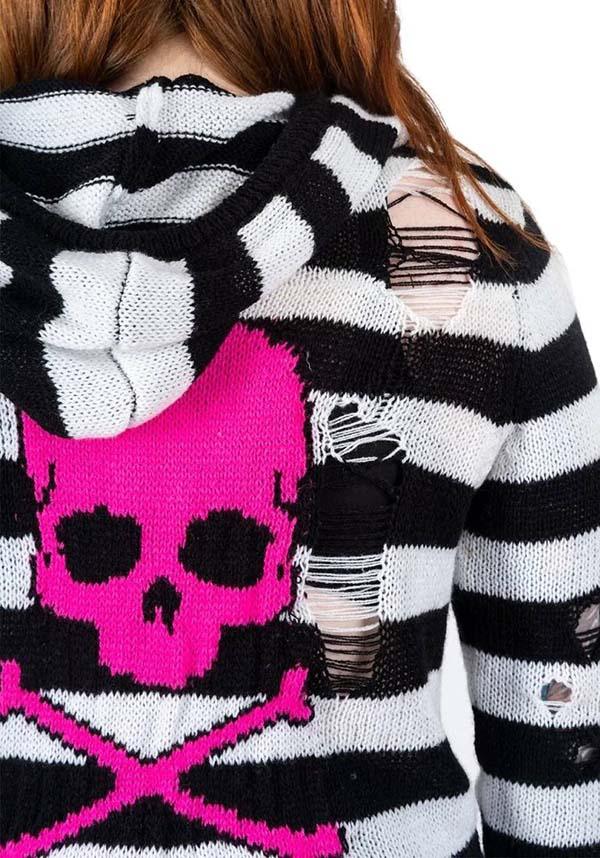 Adorable Pink Skull Striped Zip-Up Hooded Cardigan Sweater for Fall