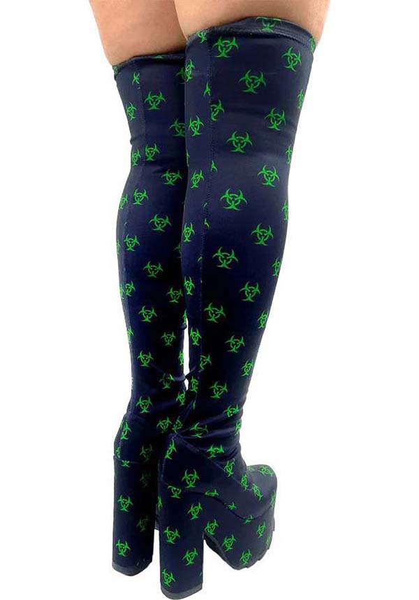 Edgy Black and Green Labyrinth Toxica Knee-High Boots