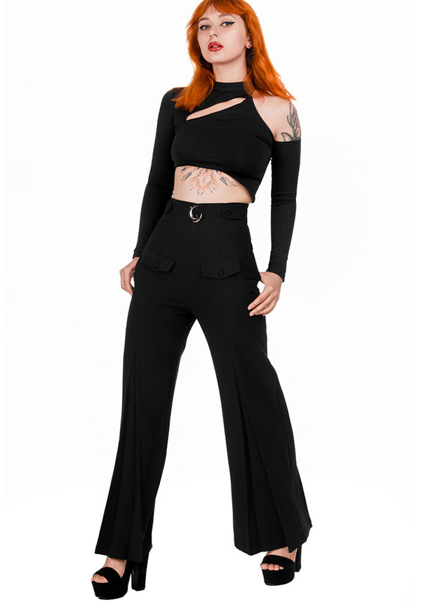 Restyle's Gothic Loretta Crescent Sky High Flared Pants for Corporate Goth Babes