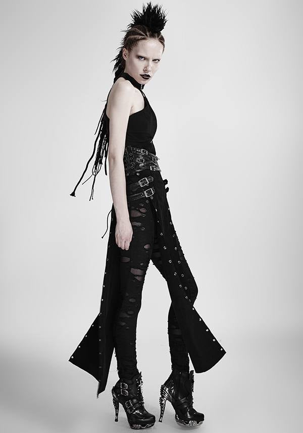 Punk Style High Waist Split Skirt with Leather Loop and Metal Buckle
