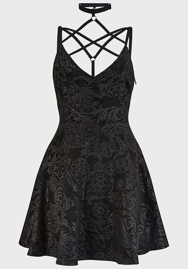 Magical Black Lily Printed Skater Style Mini Dress for Fashion Enthusiasts