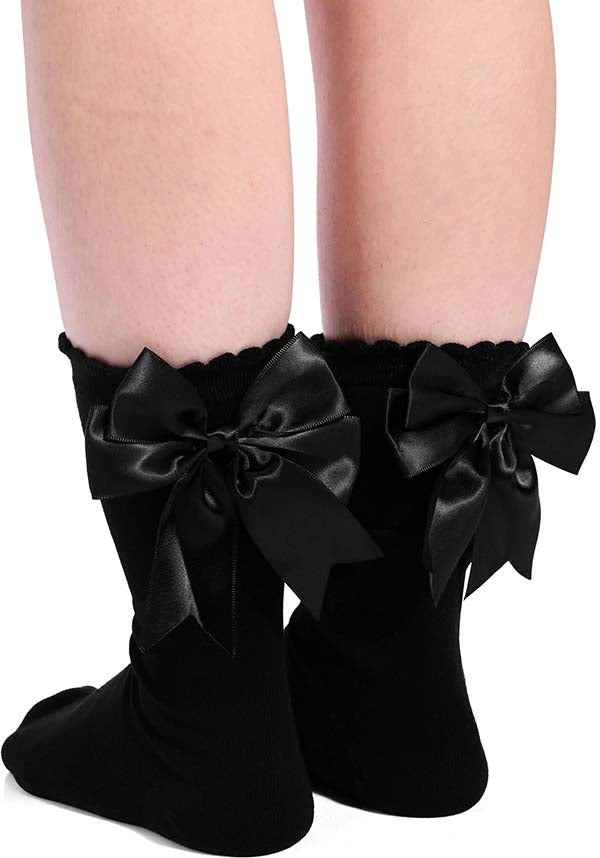 Adorable Black Crew Socks with a Black Ribbon Bow Decoration