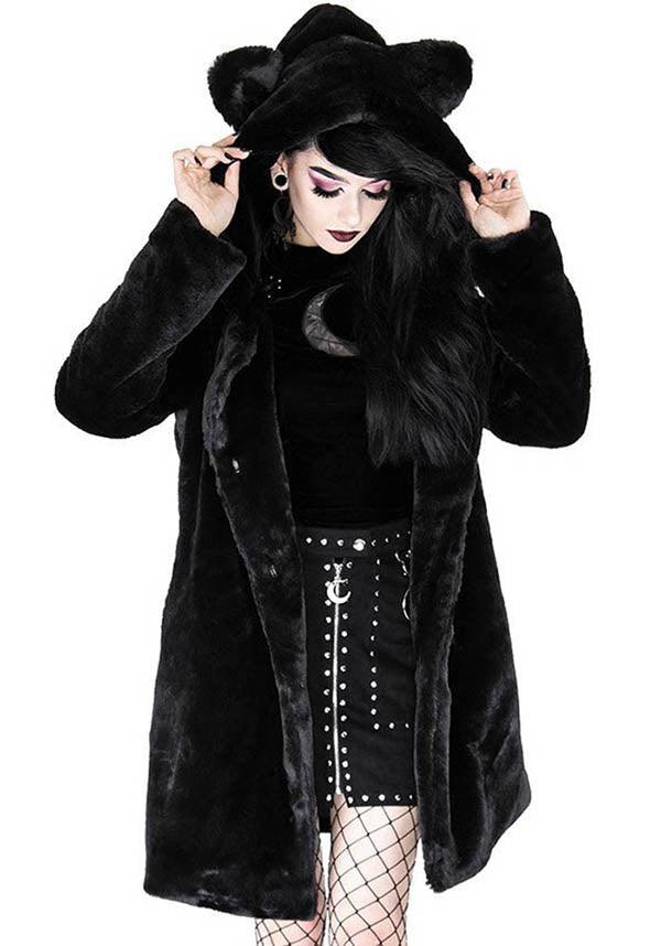 Stylish Restyle Black Faux Fur Winter Coat with Cat Ears