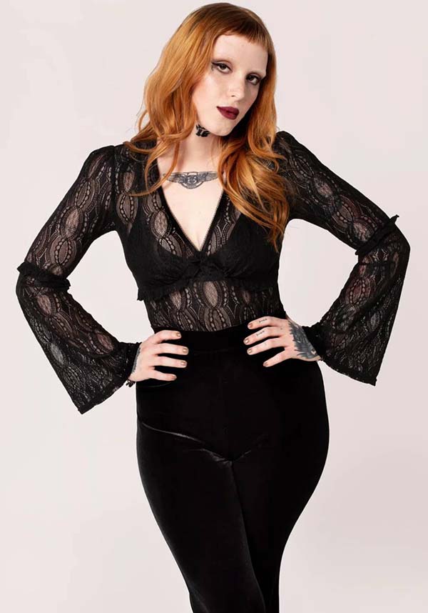 Hell Bunny Gothic Striped Black Lace Women's Top - Rhea Style