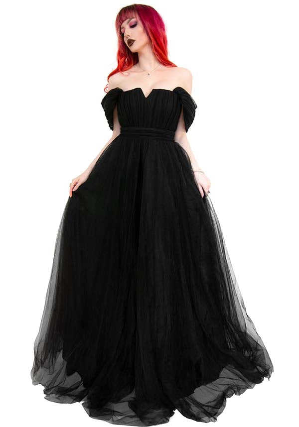 Elegant Black Swan Long Gown by Foxblood