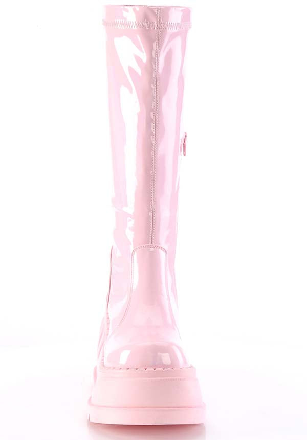 Preorder Baby Pink Holographic Stretch Patent Knee High Platform Boots - STOMP - 200