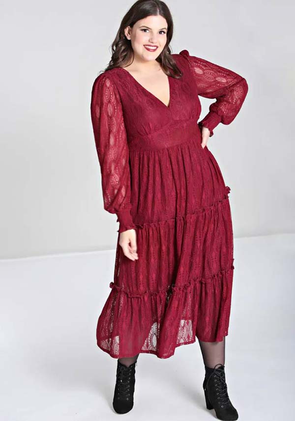 Hell Bunny's Enchanting Burgundy Lace Rhea Maxi Dress