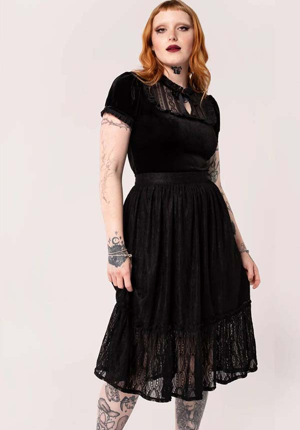 Hell Bunny Rhea Midi Lace Skirt with Black Stripes for Vintage and Gothic Styles