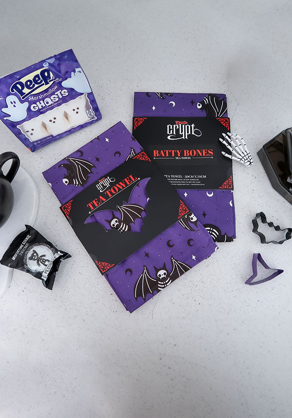 Gothic-Inspired Batty Bones Purple and Black Tea Towel