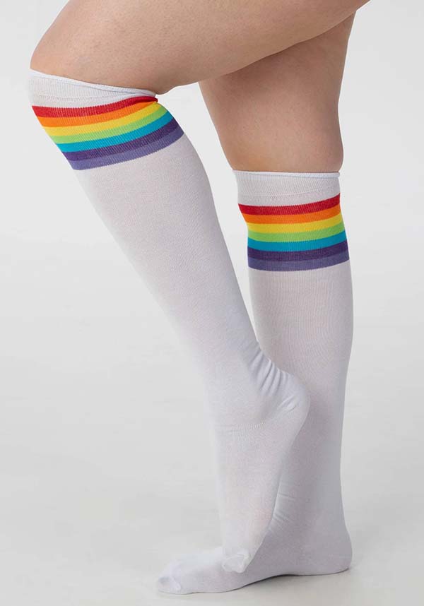 Referee Style Over-the-Knee Socks in White and Rainbow Colors