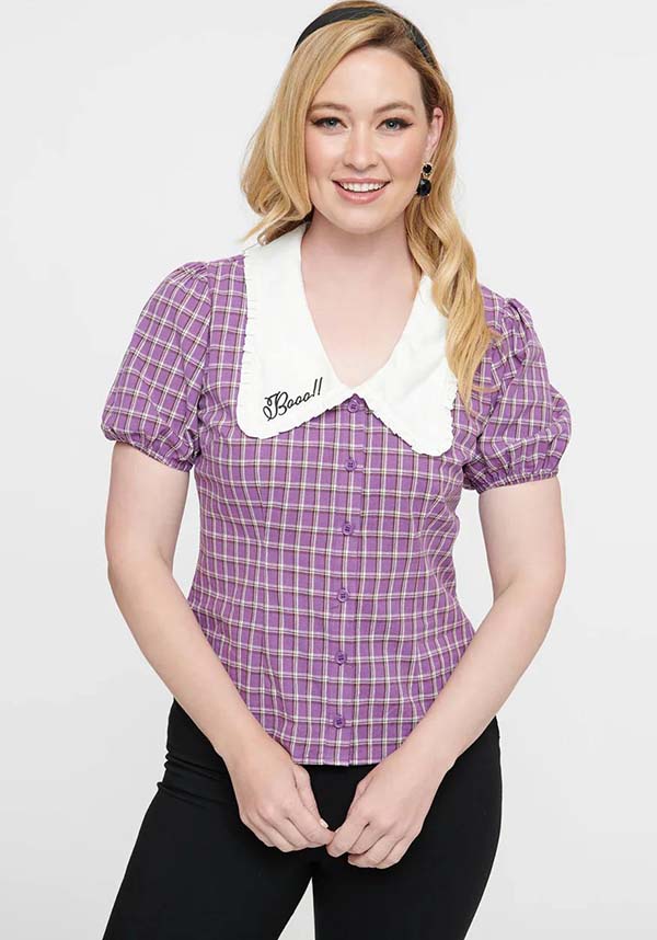 Vintage-Inspired Purple Plaid Oversized Collared Top with 'Boo!' Design